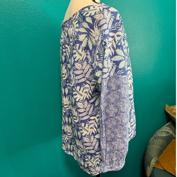 Sigrid Olsen 100% Linen Blue Botanical Long Sleeve Peasant Blouse Women's Large - Picture 4 of 10
